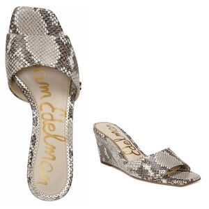 New! SAM EDELMAN Tesma Snakeprint Leather Wedge Slide Sandals Square Open-toe
